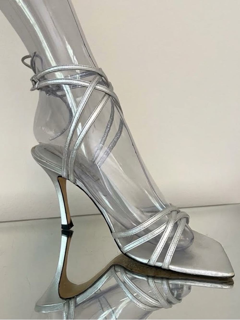 Pura Lopez Silver Strappy Lace Up Heels Vintage Euro Designer Square Toe Sandal